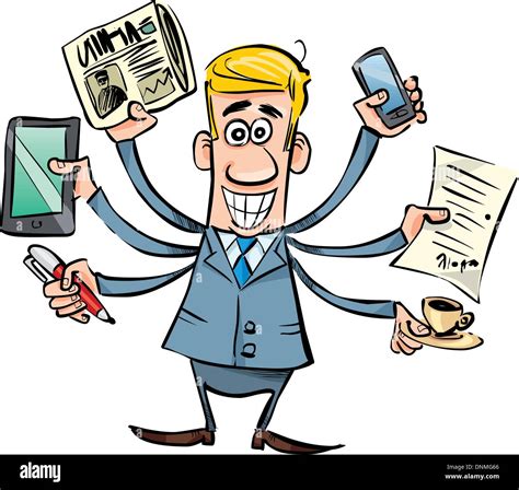 Cartoon Illustration Of Busy Businessman With Tablet Newspaper