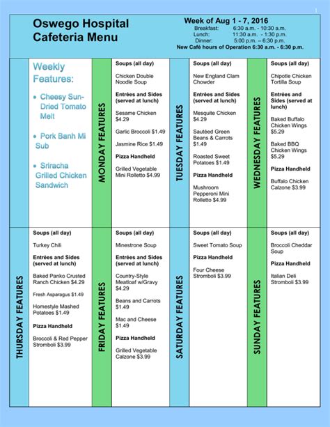 Oswego Hospital Cafeteria Menu