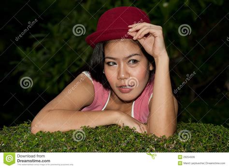 Pretty Asian Woman In Posing With Red Hat Stock Photo Image Of