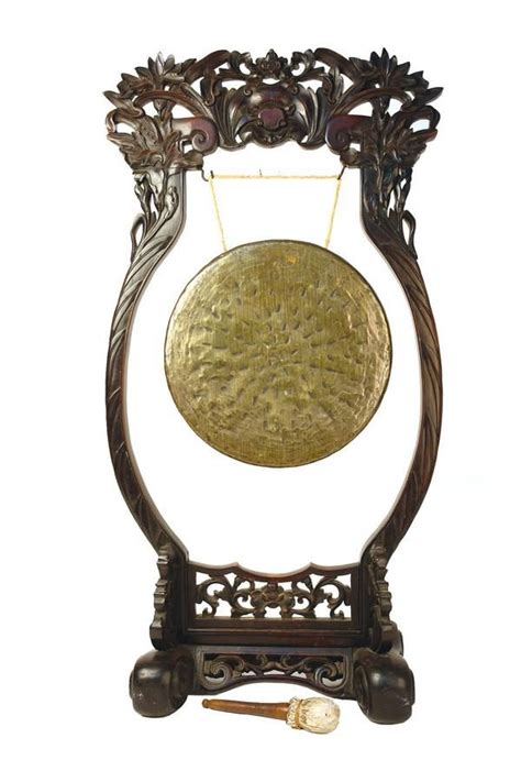 Chinese Carved Gong Stand With Original Bronze Gong Dinner Gongs