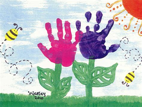 Hand Flowers And Bees Preschool Art Art Fundraiser Handprint Art