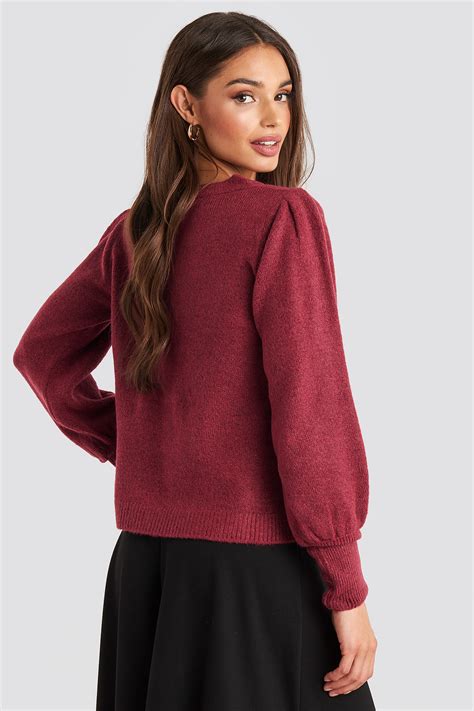 Puff Sleeve Wide Rib Knitted Sweater Bordeaux Na