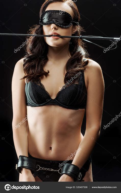 Submissive Woman Leather Handcuffs Flogging Whip Teeth Isolated Black Stock Photo