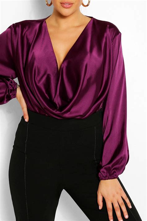 plus satin cowl long sleeve blouse boohoo in 2021 satin top outfit fashion tops blouse