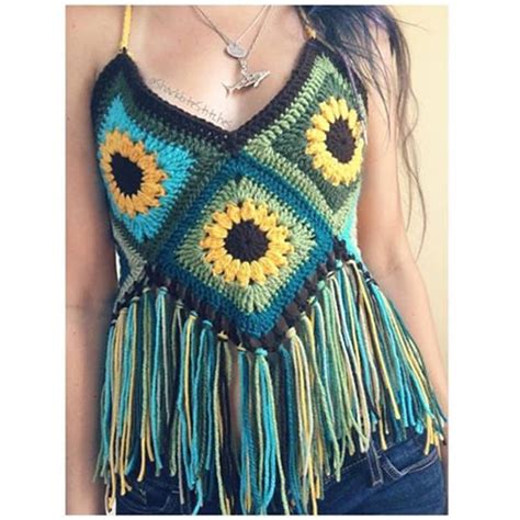 Sunflower Granny Square Festival Crochet Top With Fringe Etsy