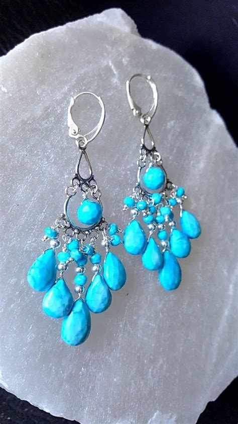 Natural Faceted Turquoise Chandelier Earrings On Oxidized Sterling