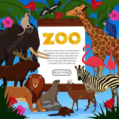 Zoo Poster With Cartoon Collection Of Exotic Wild Animals Inhabitants