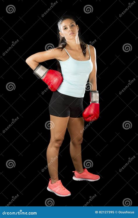 Fitness Woman With Girl Red Boxing Gloves Posing In Defiant And