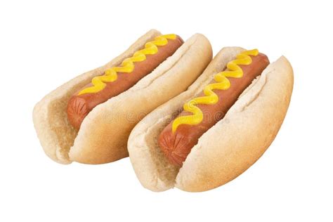 Close Up On Hot Dogs With Mustard On Top Isolated On White Stock