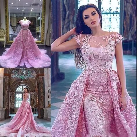 Saudi Arabic Pink Lace Mermaid Evening Gowns With Detachable Train 3d