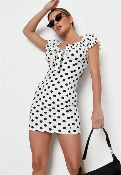 Missguided White Polka Dot Bardot Milkmaid Bodycon Mini Dress Shopstyle