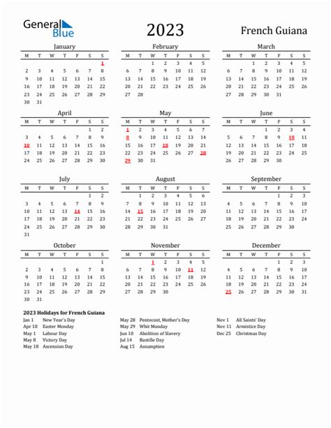 2023 French Guiana Calendar With Holidays