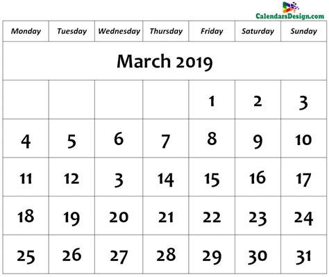March 2019 Calendar Pages
