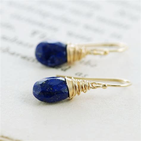 Lapis Lazuli Gold Dangle Earrings Blue Gemstone Wire Wrapped Etsy