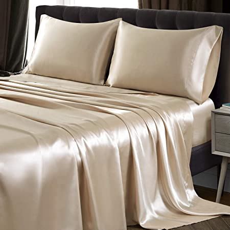 Amazon Com SiinvdaBZX Pcs Extra Deep Pocket Satin Sheet Set Queen Size Ultra Silky Soft Beige