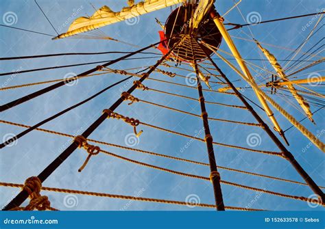 Masts And Rigging Of An Old Wooden Sailboat Details Deck Of The Ship