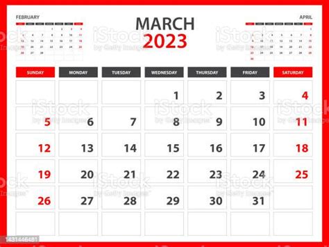 Modèle De Calendrier Mensuel Pour Lannée 2023 Mars 2023 Année La