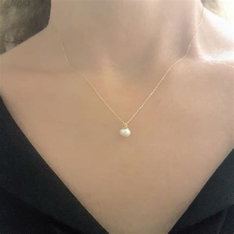 Pearl Pendant Necklace For Women 14k Real Solid Yellow Gold 6mm