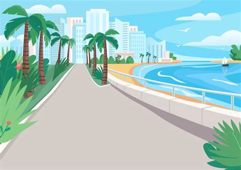 luxe badplaats straat egale kleur vectorillustratie waterfront met wolkenkrabbers en tropische