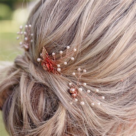Set Of Three Rose Gold Bridal Hair Pins By Melissa Morgan Designs