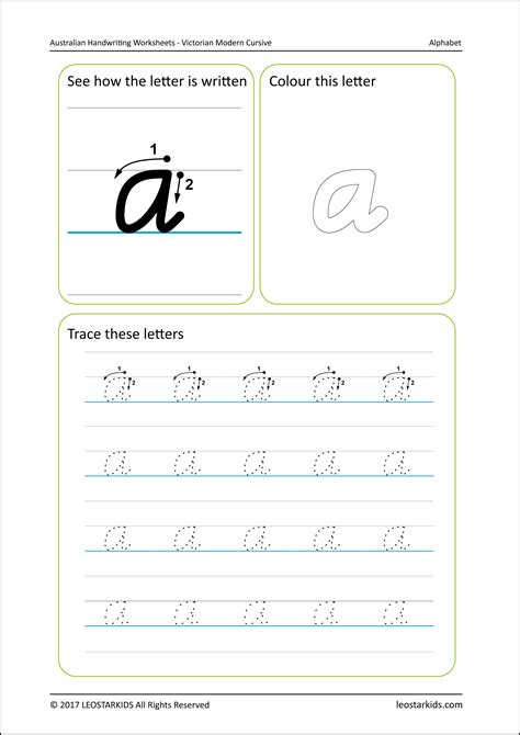 Teach cursive with our perfect connecting cursive handwriting letters. Australian Handwriting Worksheets - Victorian Modern Cursive - Free Sample - LEOSTARKIDS
