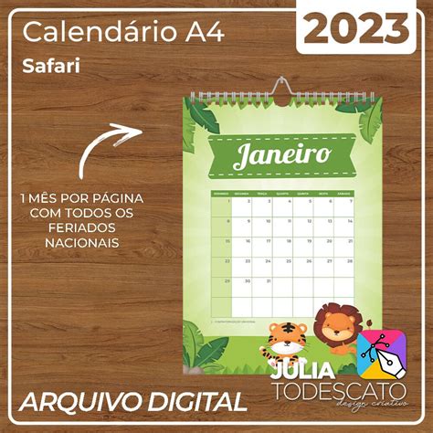 Arquivo Digital Calendário A4 2023 Safari Julia Todescato Design