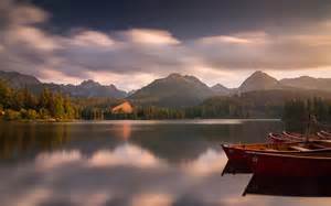 Nature Landscape Mountain Sunset Lake Forest Boat Calm Clouds