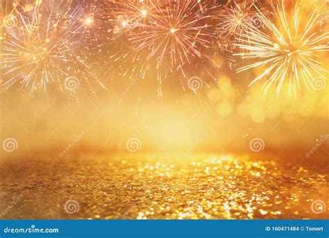 Abstract Gold Glitter Background With Fireworks Christmas Eve 4th Of