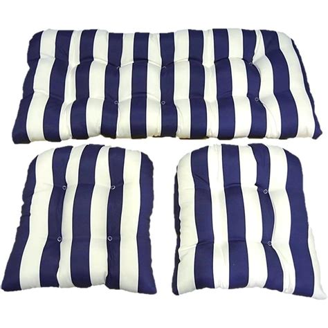 3 Piece Wicker Cushion Set Navy Blue And White Stripe Indoor