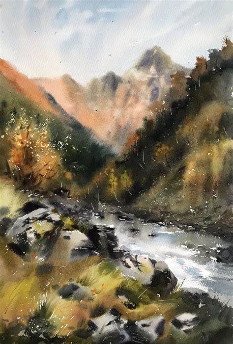 Mountain Creek Original Painting Watercolor Landscape Mountain Trees