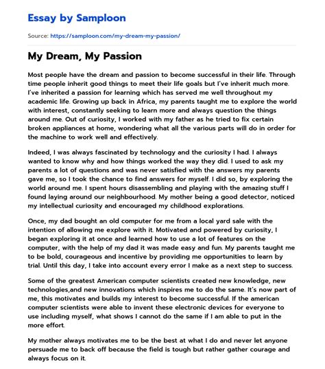 ≫ My Dream My Passion Free Essay Sample On