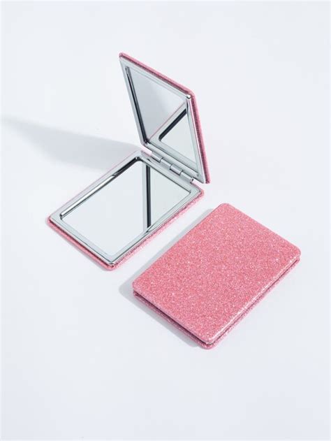 Foldable Pocket Makeup Mirror 1pc Glitter Rectangle Double Sided Compact Cosmetic Mirror
