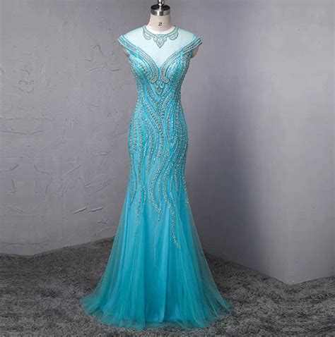 Luxury Heavy Beaded Turquoise Mermaid Prom Dresses Women Evening Long