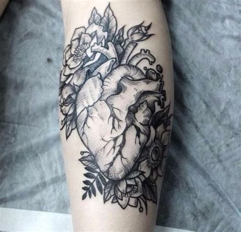 Anatomical Heart Tattoo With Flowers Black And Grey