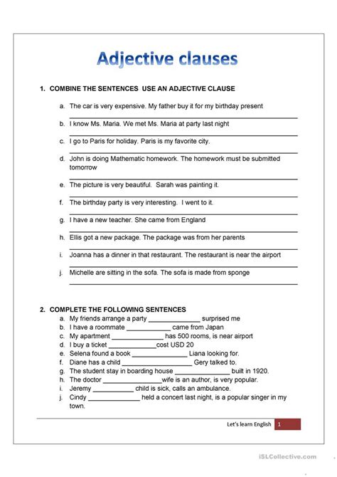 Adjective Clause English Esl Worksheets — Db