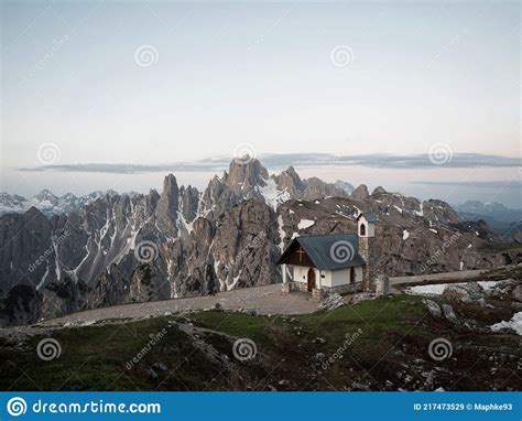 Alpine Panorama Of Cappella Degli Alpini Mountain Chapel And Cadini Di