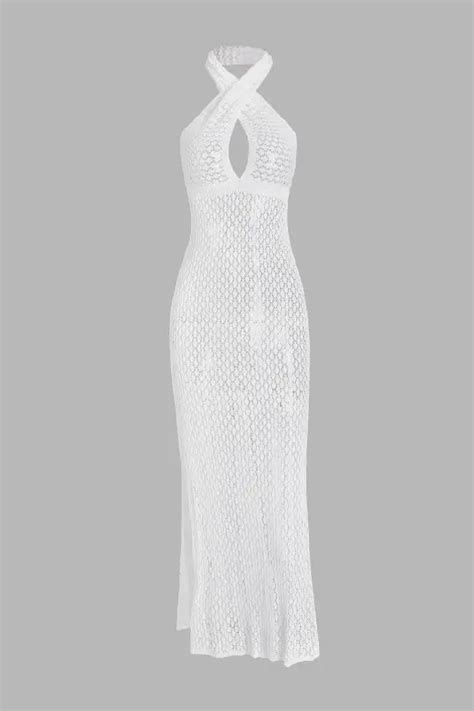 Criss Cross Halter Crochet Knit Midi Dress Whitestyle Cute