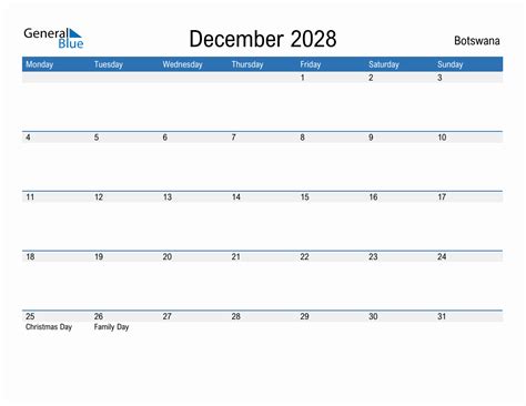 Editable December 2028 Calendar With Botswana Holidays