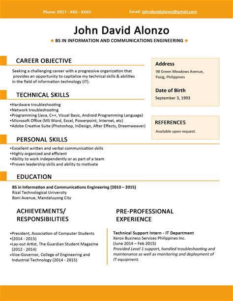 It also indicated an internship experience which most recruiters prefer from fresh graduate applicants, and soft skills ideal to perform the tasks. Pin by subrat jena on Projects to Try | Job resume format ...