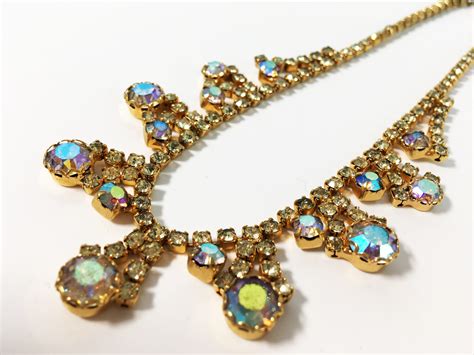Vintage Aurora Borealis Choker Necklace Faceted Round Rhinestone Gold