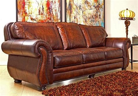 Signature Collection Traditional Leather Stationary Sofa With Nailhead