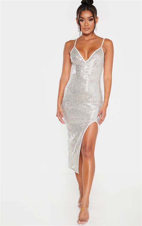 Silver Sequin Split Midi Dress Dresses Prettylittlething Usa