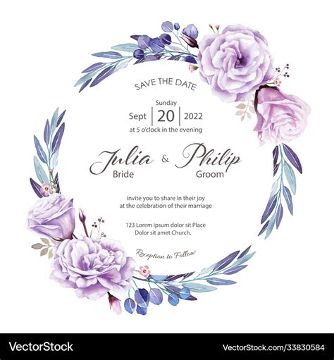 Purple Rose Wedding Invitation Card Template Vector Image