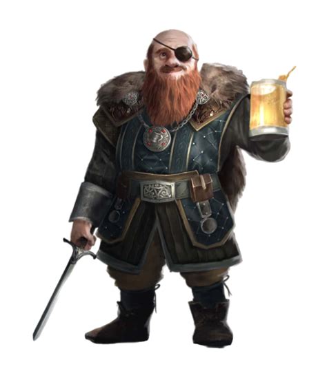 M Dwarf Merchant Medium Armor Shortsword Eye Patch Male Tavern Drinking