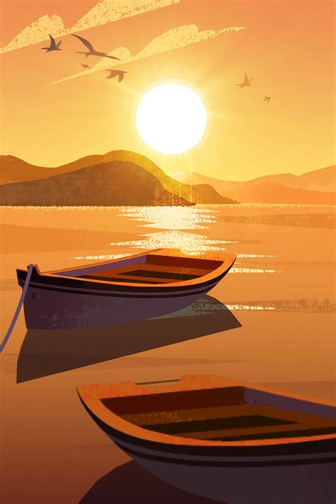 Download Wallpaper 2132x3200 Sun Boat Mountains Art Hd Background