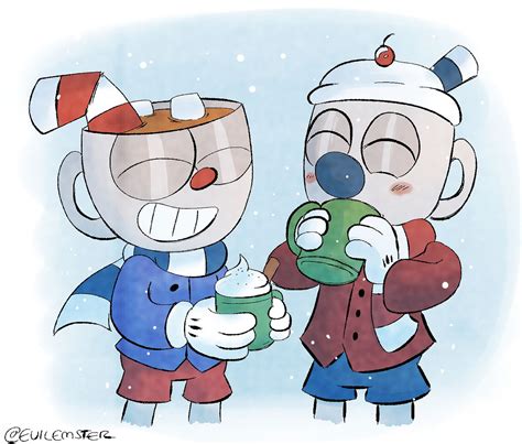 First Request From My Deviantart Cuphead And Mugman Drinking Some Hot Chocolate In The Cold
