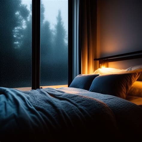 F A Cozy Bedroom Bed Sitting Under A Window Night Time Rainy Mood