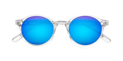 clear narrow acetate round mirrored sunglasses with blue sunwear lenses 17519