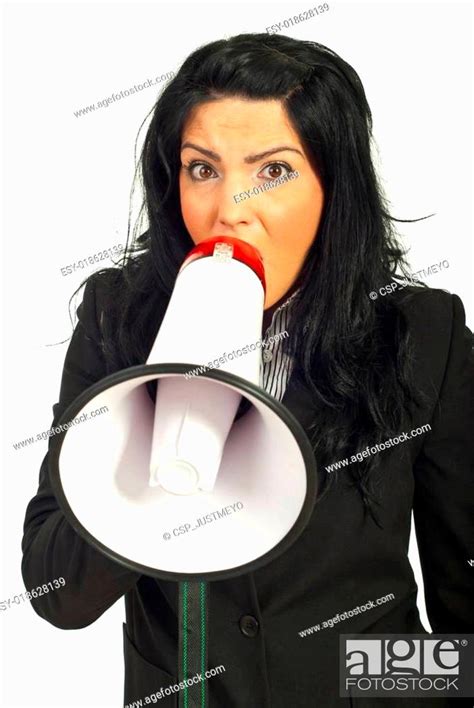 Woman Screaming Into Loudspeaker Stock Photo Picture And Low Budget