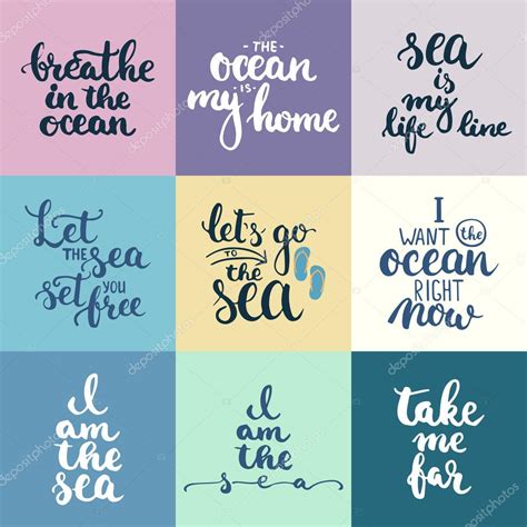 Hand Drawn Typography Lettering Phrases Set About Sea Ocean And Summer Time — Stock Vector